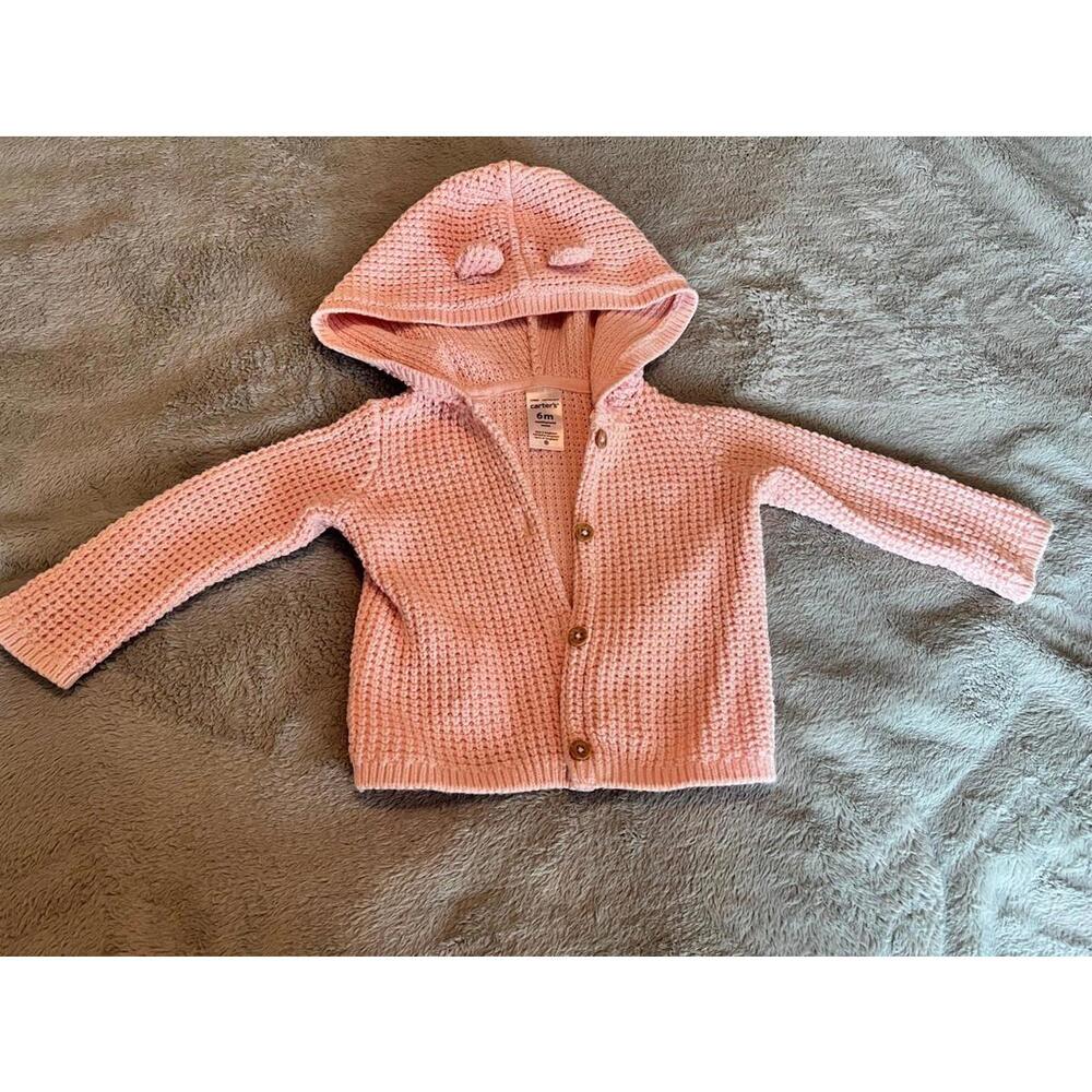 Carter's Baby girl loose knit button-up hooded cardigan w/ bear ears, pink (6m)